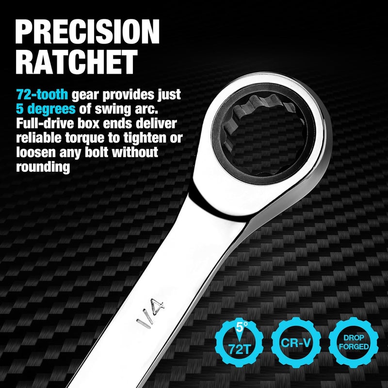 DURATECH 1/4" Ratcheting Combination Wrench, SAE, 72-Tooth, 12-Point, CR-V Constructed with Mirror Polish - Image 3